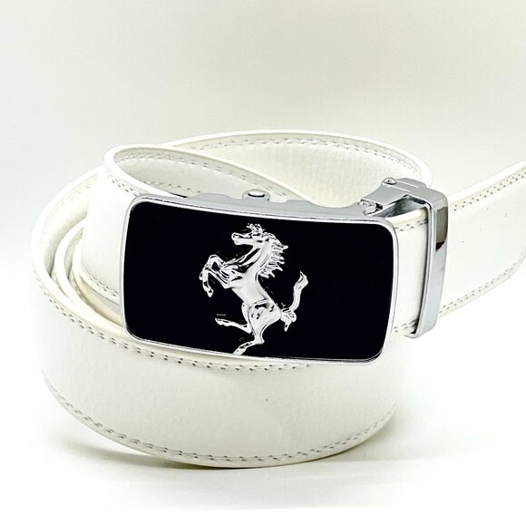 White Leather Ratchet Belt Automatic‎ Metal Square Buckle Adjustable Dress Belt - Picture 1 of 2